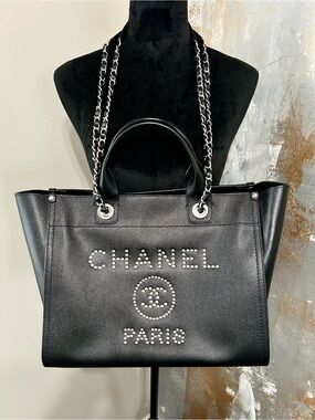 CHANEL CAVIAR SMALL STUDDED DEAUVILLE TOTE